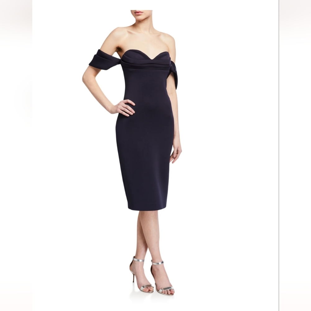 NWT Badgley Mischka Off-the-Shoulder Pleated Bustier Scuba Dress, Size 4/6